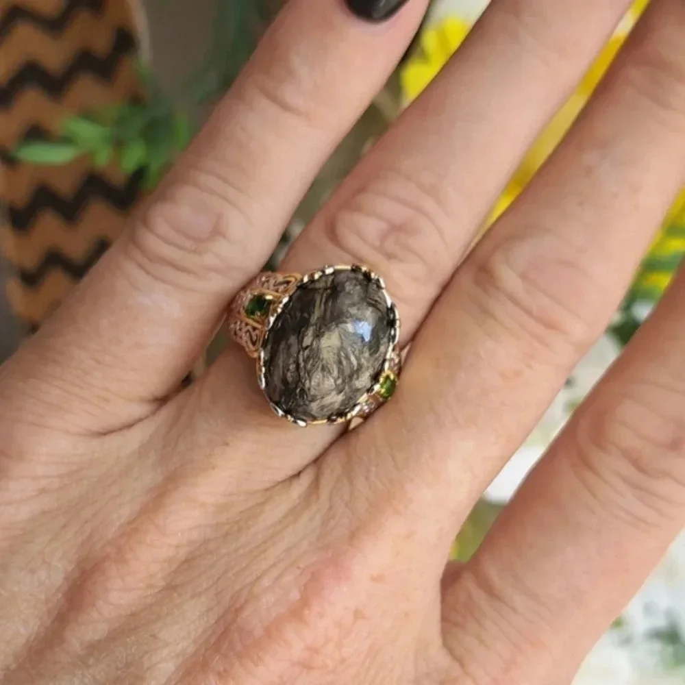 Natural Willemite & Chrome Diopside Ring In 925 Sterling Silver